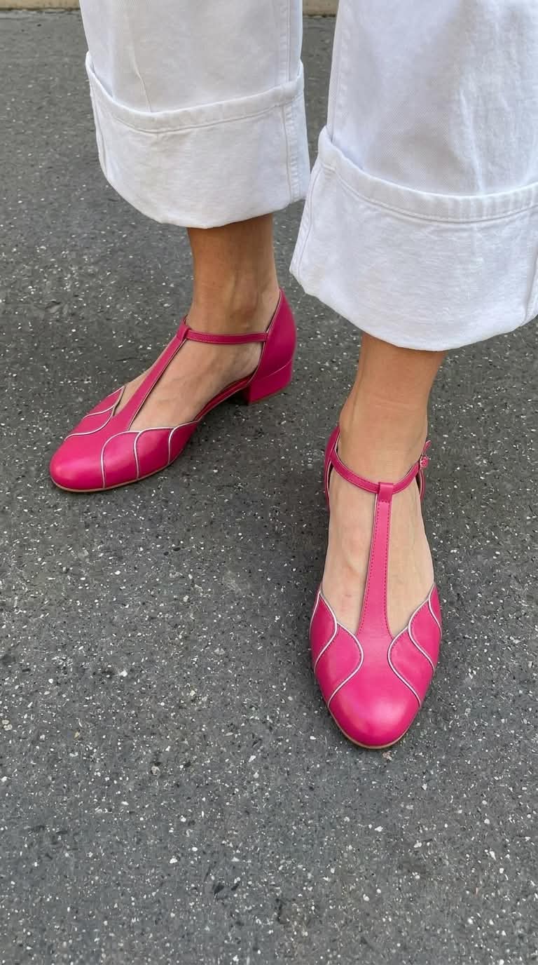 Silver Scalloped Trim Round Toe Fuchsia T-Strap Flats [Pre Order]