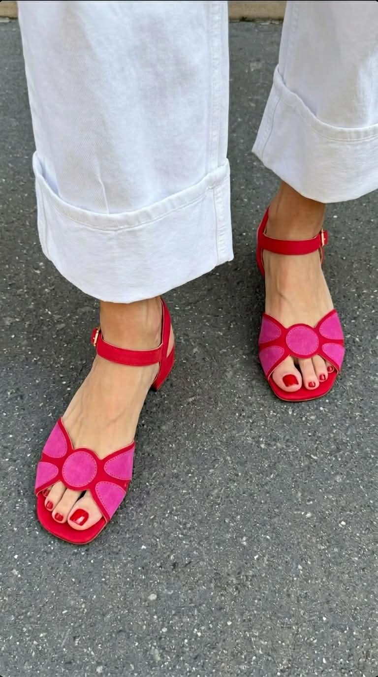 Pink Red Petal Open Toe Ankle Strap Block Heels [Pre Order]