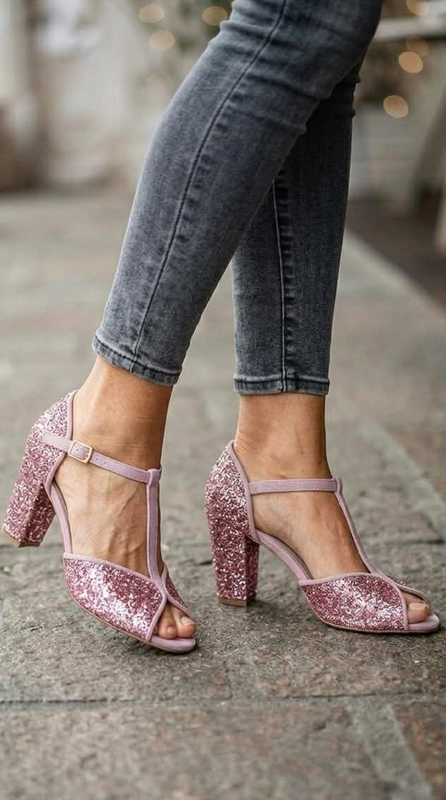 Glitter Peep Toe T-Strap Dusty Pink Chunky Heels [Pre Order]