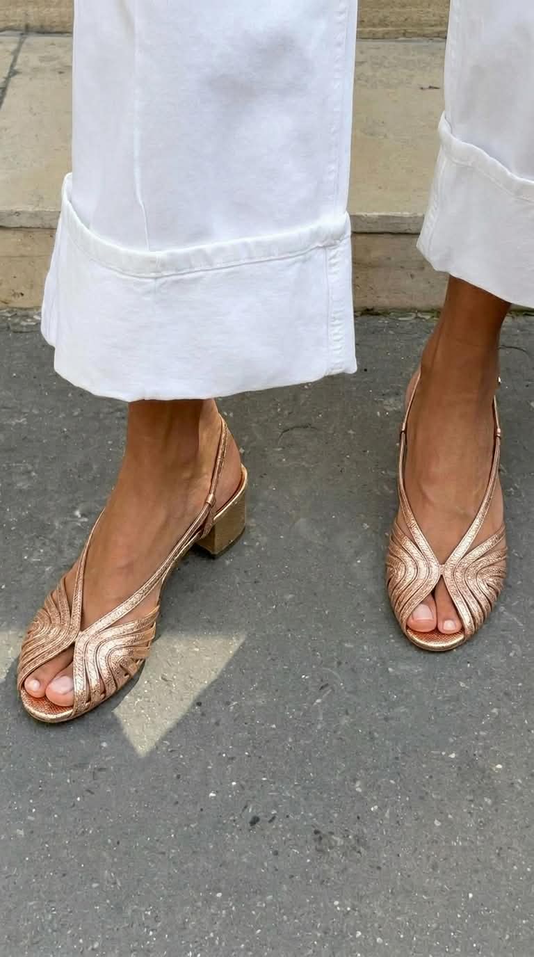 Metallic Woven Peep Toe Slingback Rose Gold Block Heels [Pre Order]