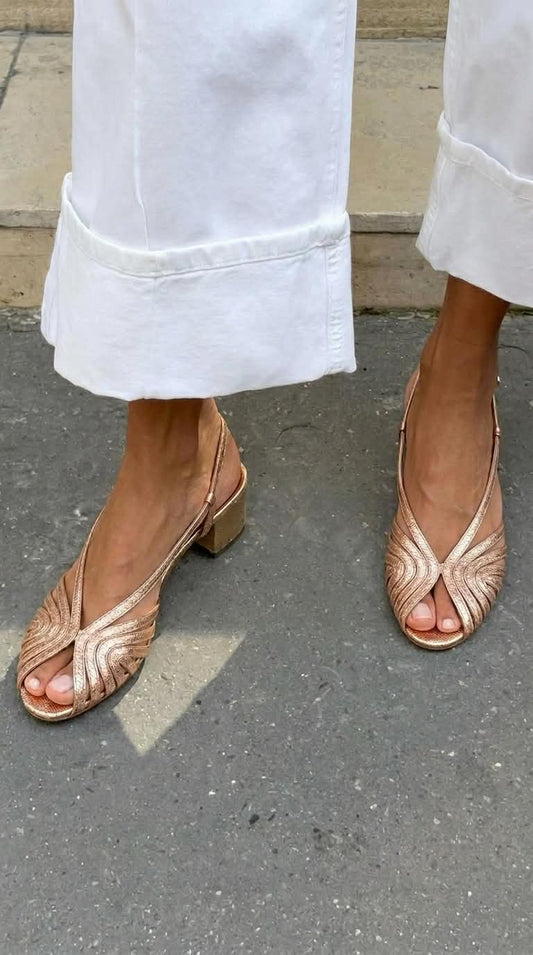 Metallic Woven Peep Toe Slingback Rose Gold Block Heels [Pre Order]