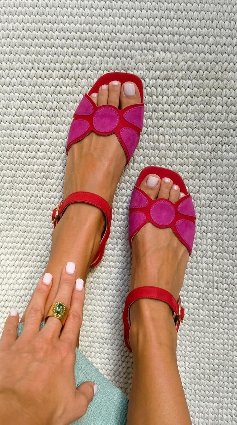 Red Pink Square Toe Ankle Strap Flat Sandals [Pre Order]