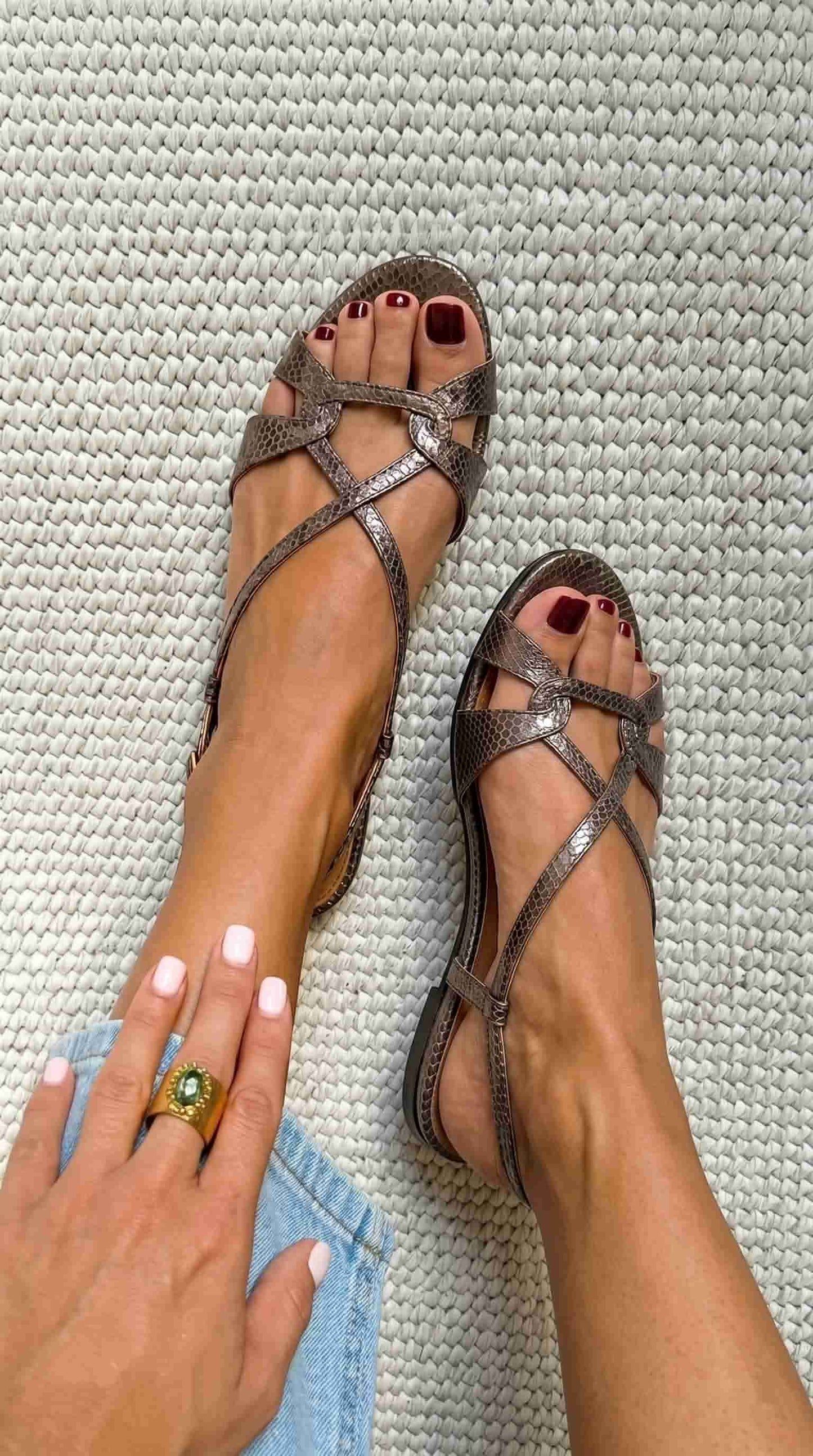Snake Print Open Toe Slingback Bronze Flat Sandals [Pre Order]