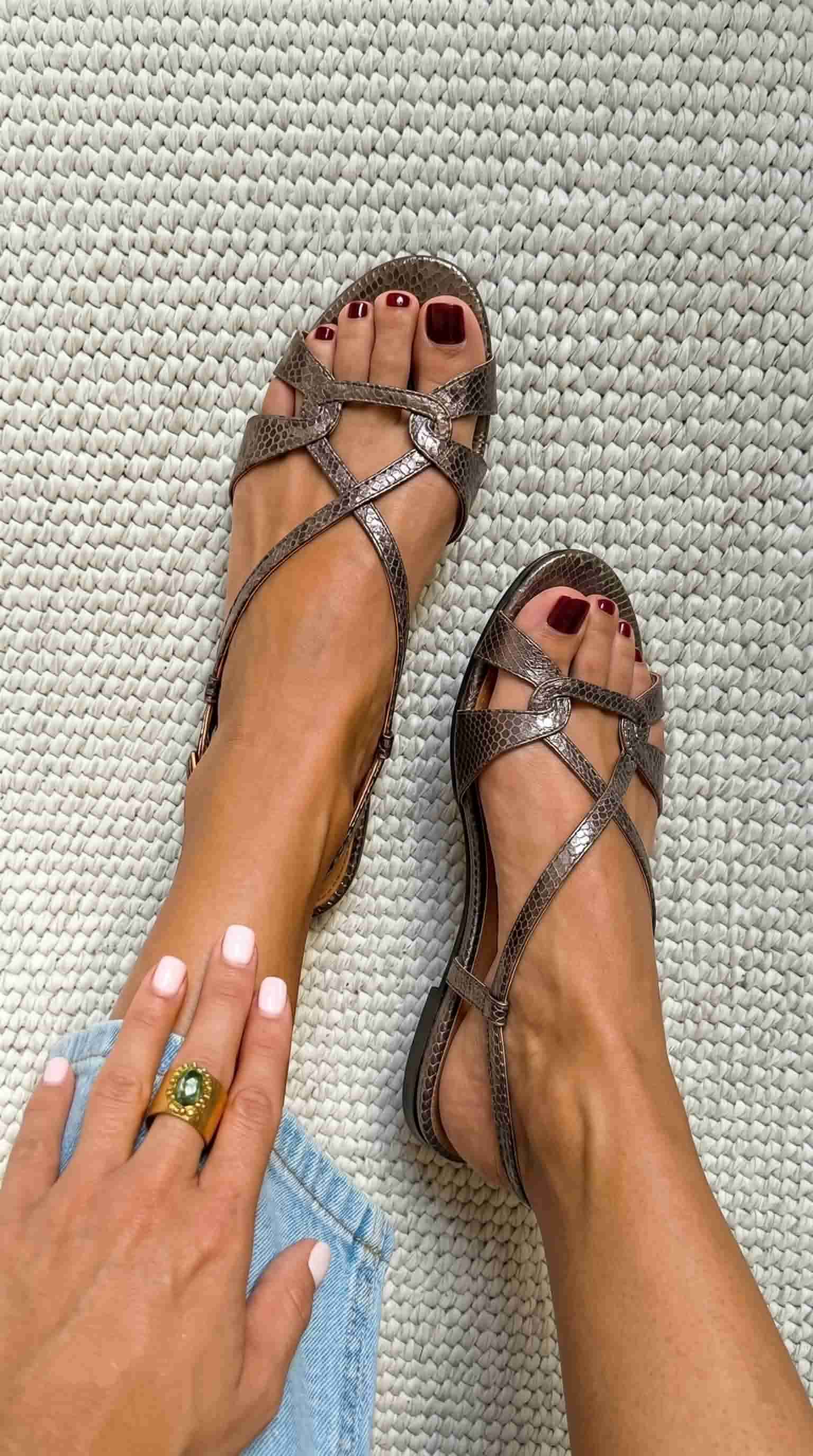 Snake Print Open Toe Slingback Bronze Flat Sandals [Pre Order]