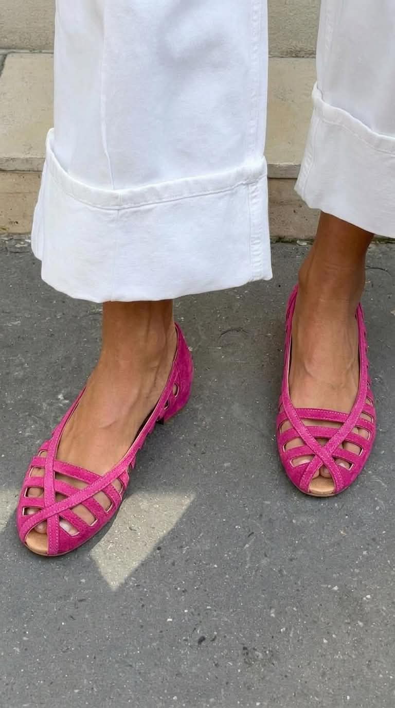 Lattice Cutout Peep Toe Closed Back Fuchsia Ballet Flats [Pre Order]