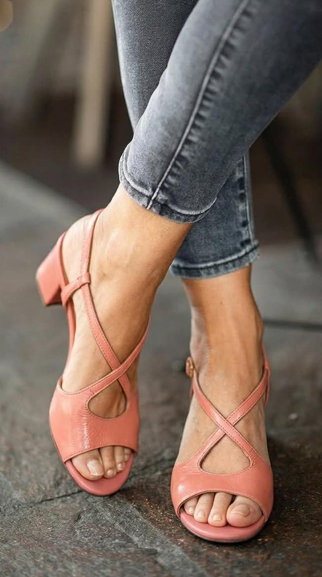 Crisscross Strappy Peep Toe Slingback Coral Block Heels [Pre Order]