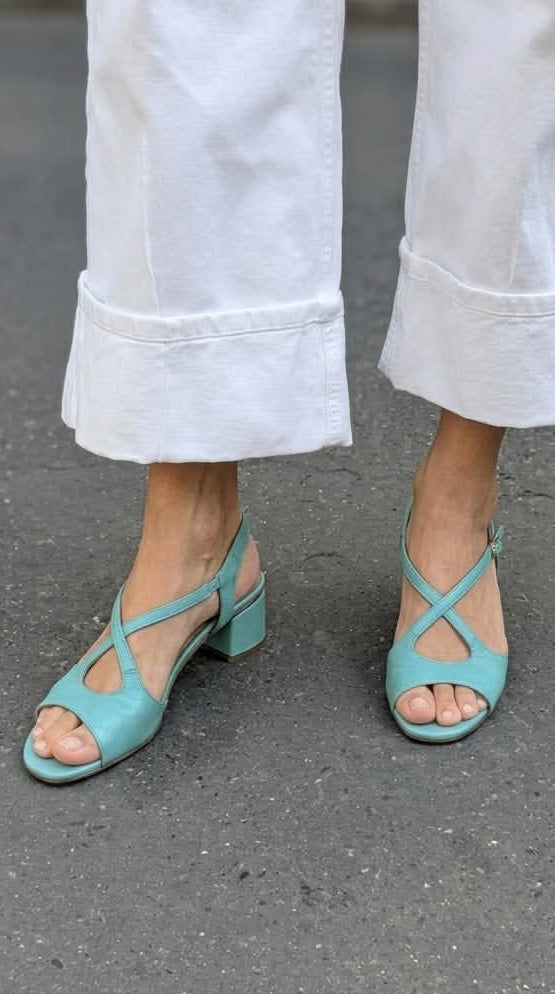 Strappy Leather Peep Toe Slingback Teal Chunky Heels [Pre Order]