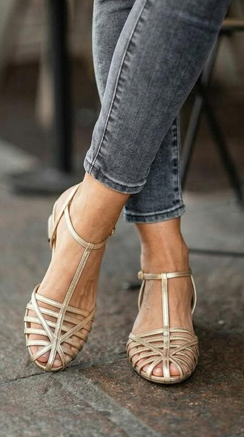 Gold Metallic Caged Round Toe T-Strap Gold Flat Sandals [Pre Order]