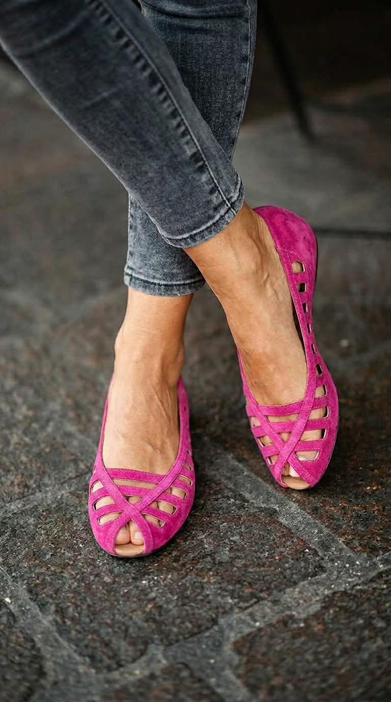 Strappy Suede Peep Toe Cutout Magenta Ballet Flats [Pre Order]