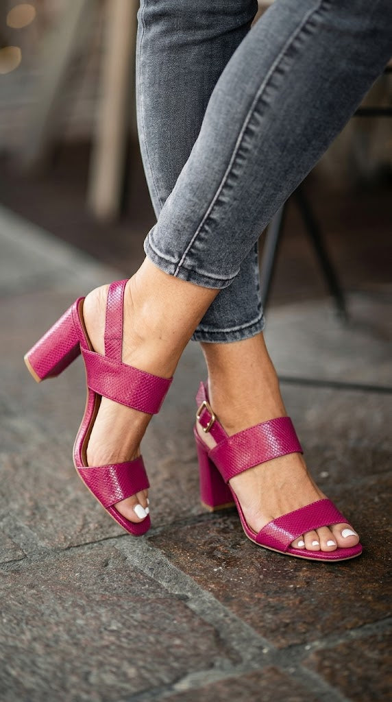 Magenta Snakeskin Open Toe Slingback Pink Block Heels [Pre Order]