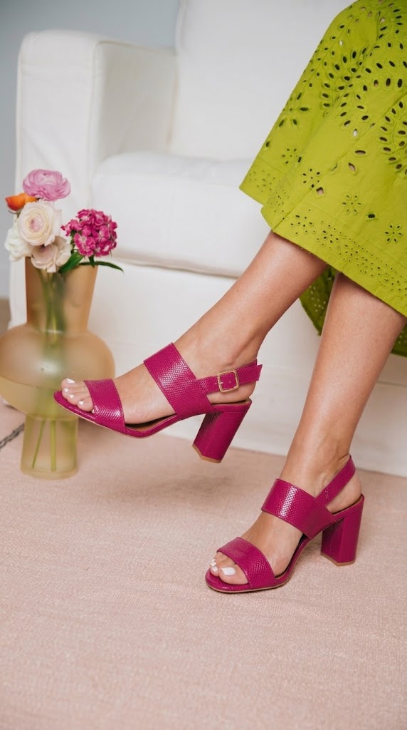 Fuchsia Snakeskin Open Toe Slingback Block Heels [Pre Order]