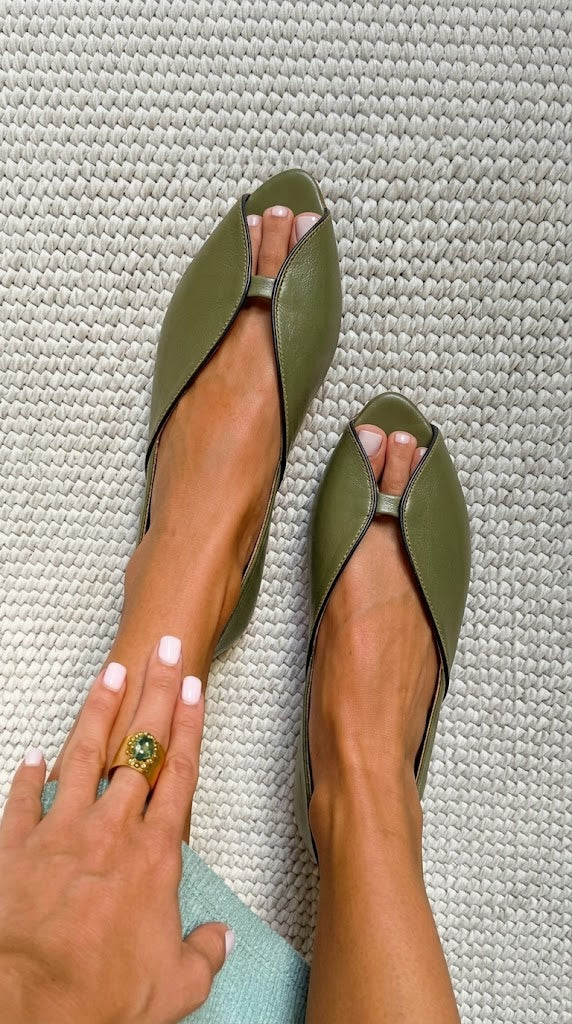 Leather Keyhole Peep Toe Closed Back Olive Flats [Pre Order]