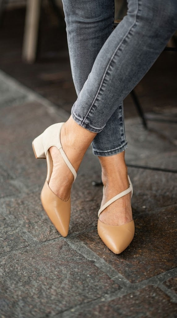Tan Pointed Toe Asymmetric Strap Cream Block Heels [Pre Order]