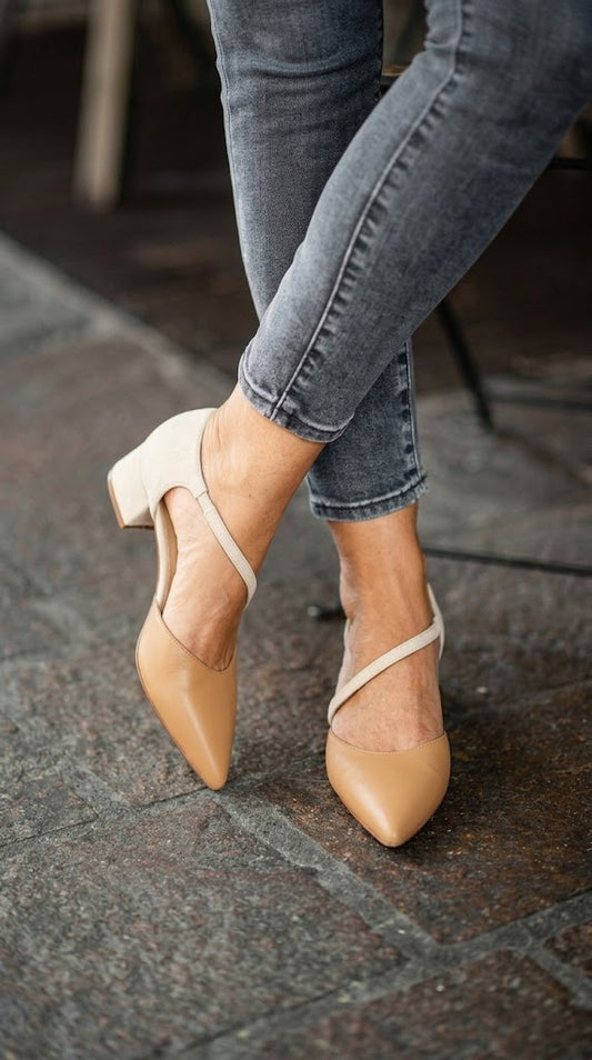 Tan Pointed Toe Asymmetric Strap Cream Block Heels [Pre Order]