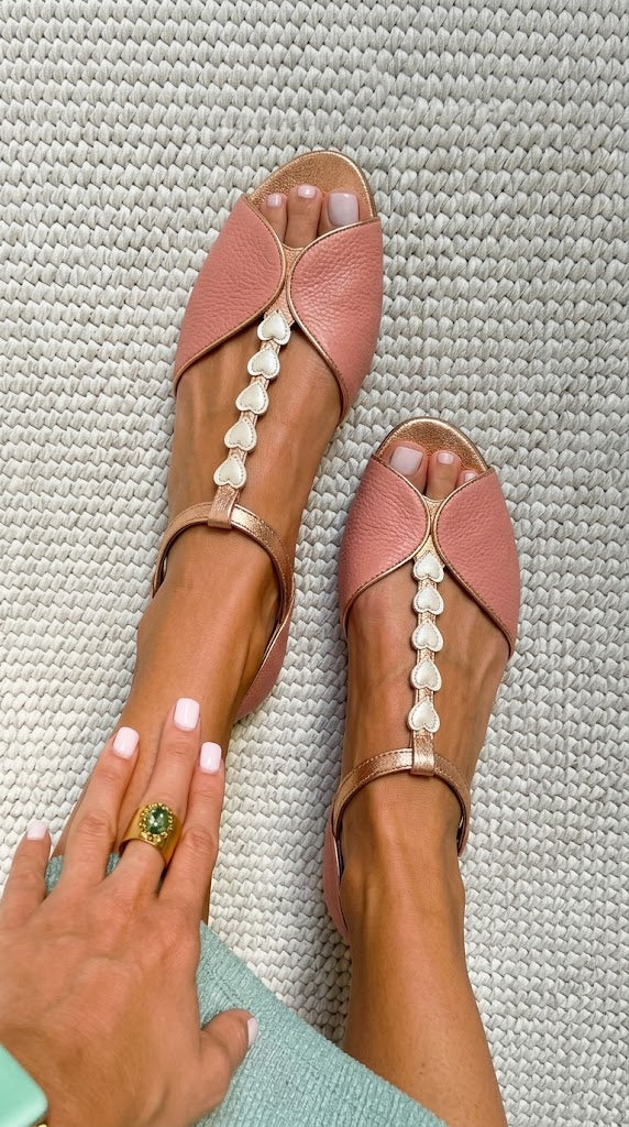 Heart Detail Peep Toe T-Strap Pink Flat Sandals [Pre Order]