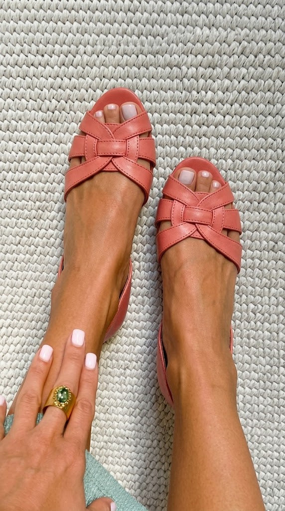 Coral Leather Interlocking Peep Toe Slingback Block Heels [Pre Order]