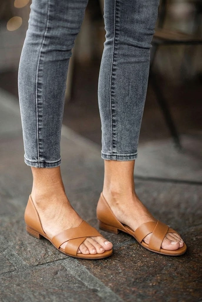Smooth Leather Open Toe Crossover Tan Flat Sandals [Pre Order]