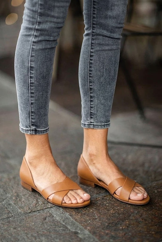 Smooth Leather Open Toe Crossover Tan Flat Sandals [Pre Order]