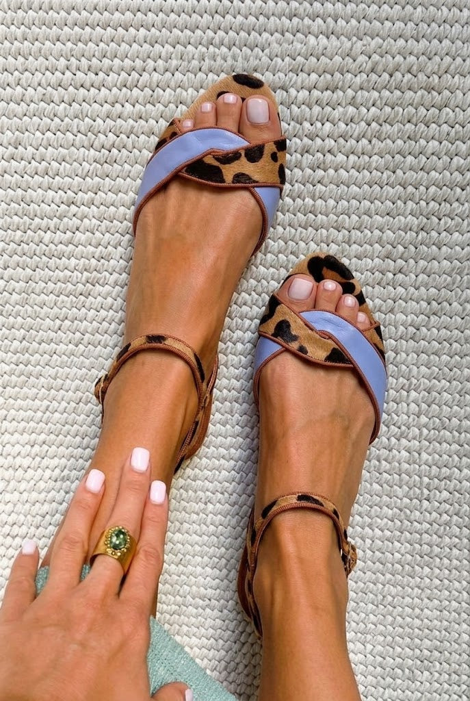 Leopard Print Peep Toe Ankle Strap Periwinkle Flat Sandals [Pre Order]