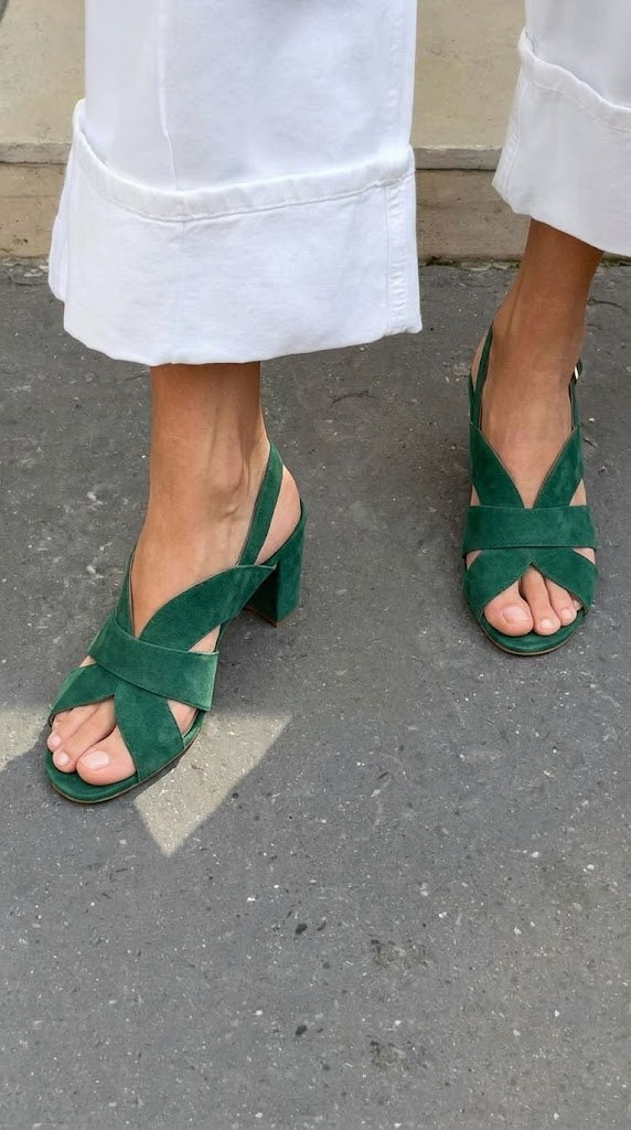 Emerald Suede Criss Cross Open Toe Slingback Block Heels [Pre Order]