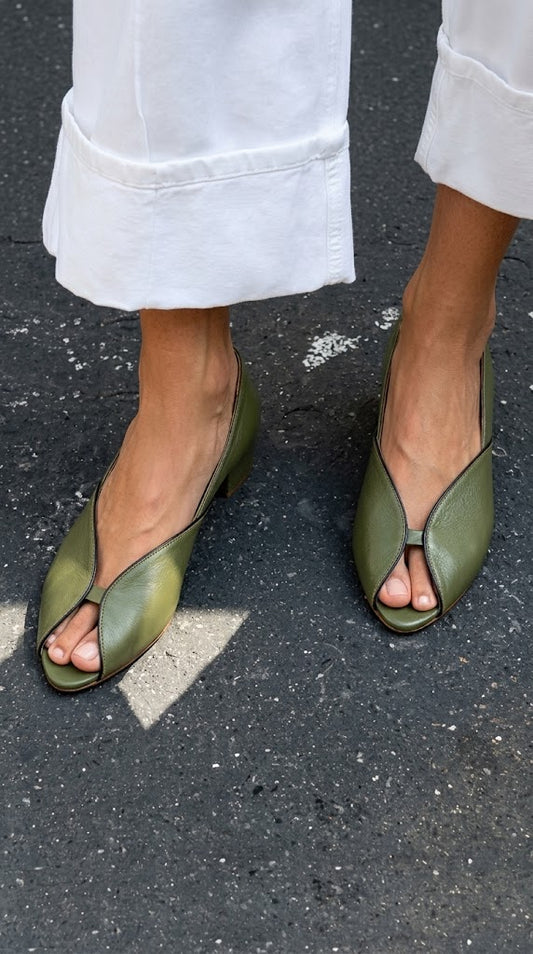 Leather Peep Toe Closed Back Olive Low Block Heels [Pre Order]
