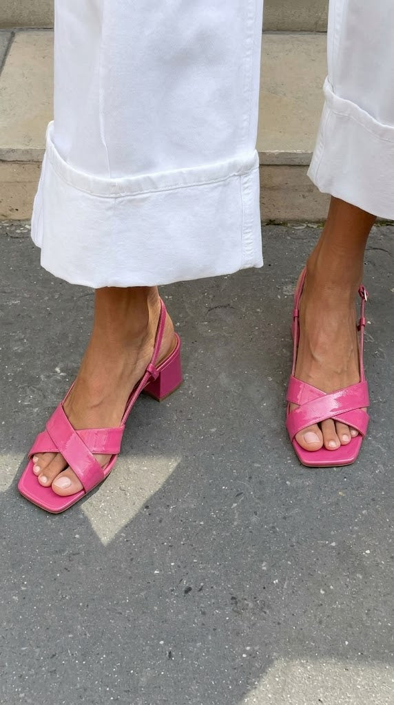 Glossy Patent Square Toe Slingback Pink Block Heels [Pre Order]