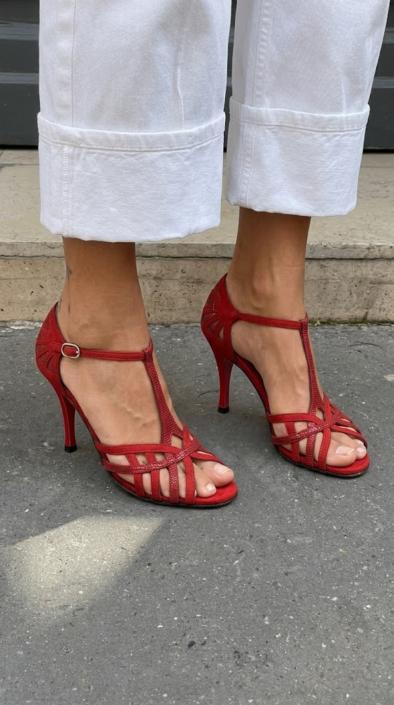 Snakeskin Print Open Toe T-Strap Red Stiletto Heels [Pre Order]