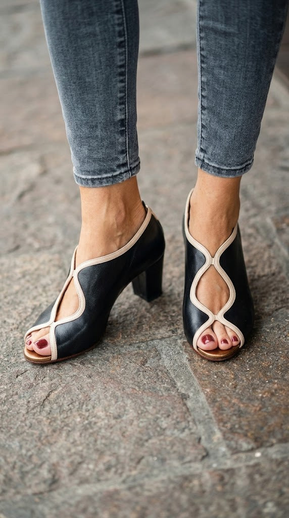 Black Nude Piping Peep Toe Cutout Block Heels [Pre Order]