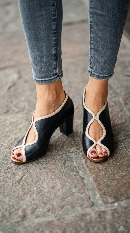Black Nude Piping Peep Toe Cutout Block Heels [Pre Order]