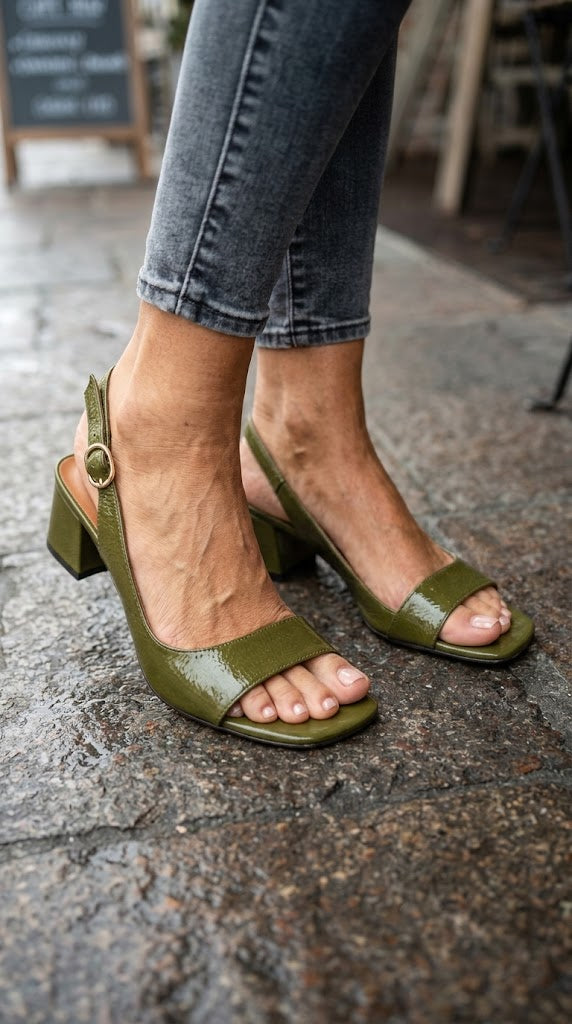 Olive Green Patent Square Toe Slingback Block Heels [Pre Order]