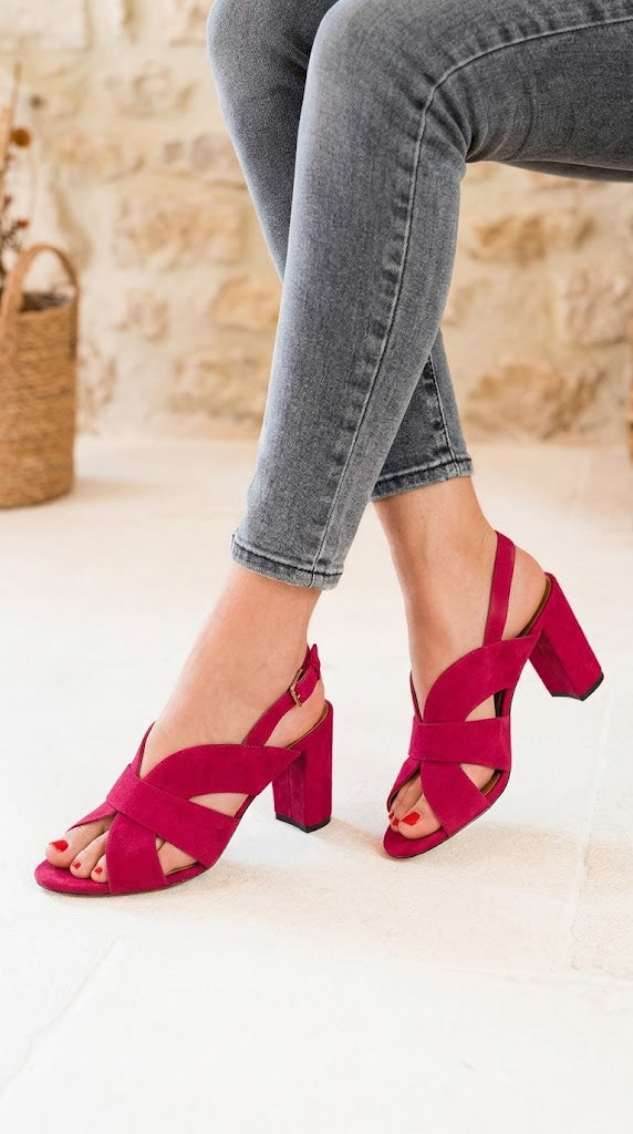 Magenta Suede Peep Toe Crossover Slingback Block Heels [Pre Order]