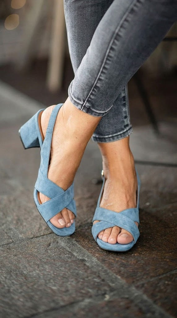 Suede Criss Cross Slingback Dusty Blue Chunky Heels [Pre Order]