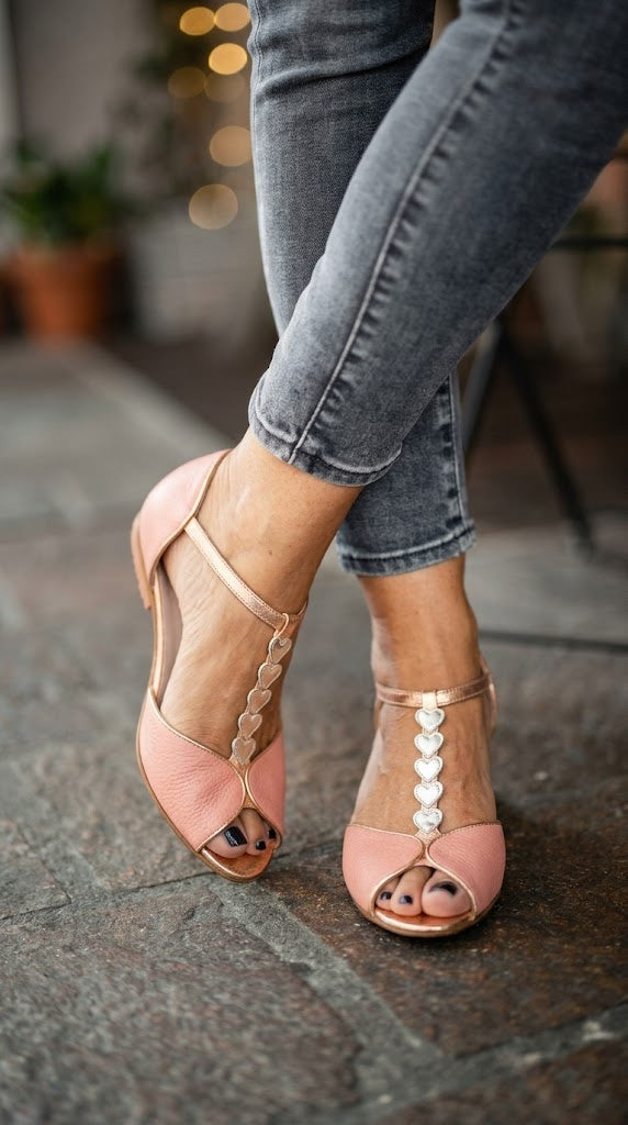 Rose Gold Heart Peep Toe T-Strap Pink Flats [Pre Order]