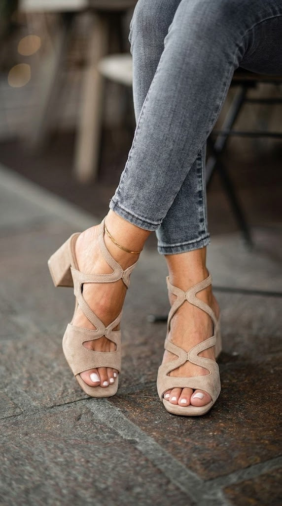 Suede Criss Cross Open Toe Taupe Block Heels [Pre Order]