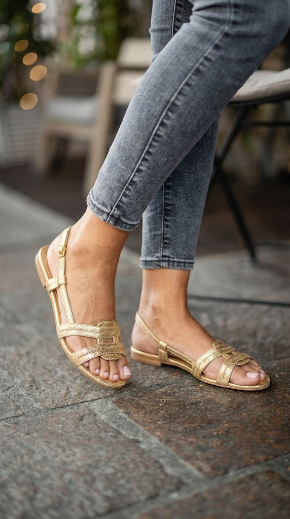 Metallic Textured Open Toe Slingback Gold Flat Sandals [Pre Order]