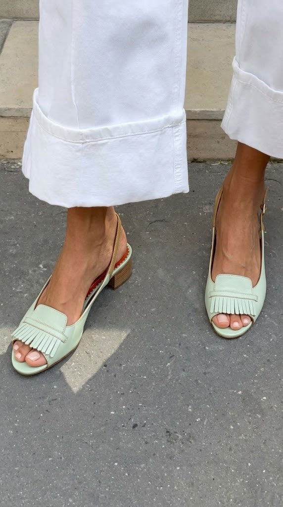Fringe Kiltie Peep Toe Slingback Mint Green Block Heels [Pre Order]