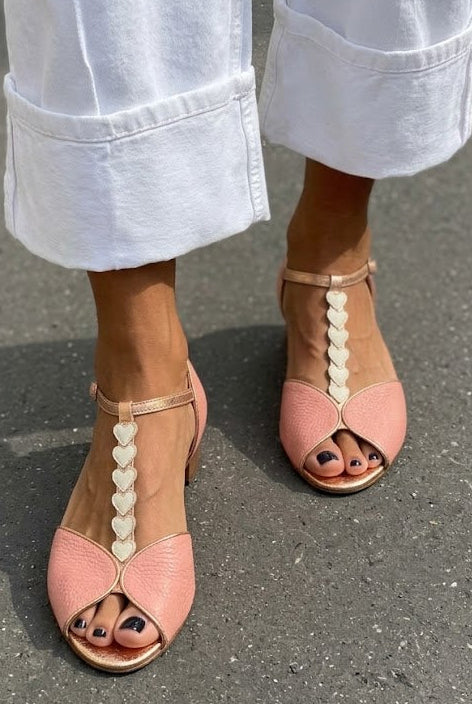 Heart Detail Peep Toe T-Strap Pink Block Heels [Pre Order]