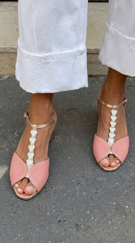 Heart Embellished Peep Toe T-Strap Pink Block Heels [Pre Order]