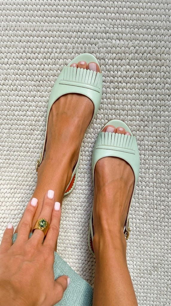 Kiltie Fringe Peep Toe Slingback Mint Block Heels [Pre Order]
