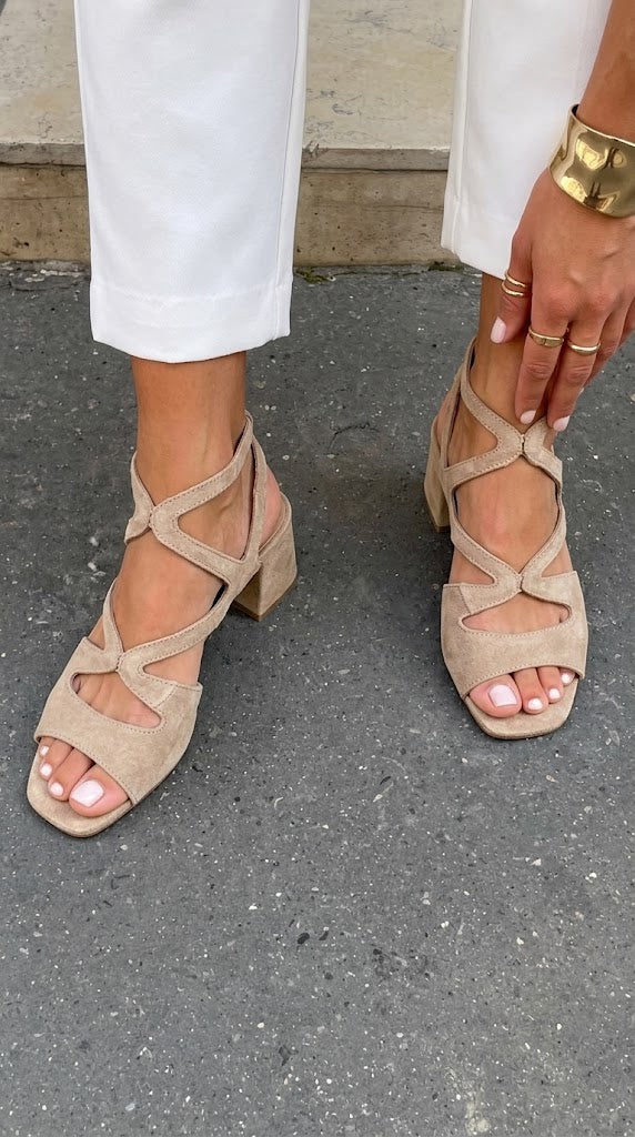 Sand Suede Square Toe Strappy Beige Block Heels [Pre Order]