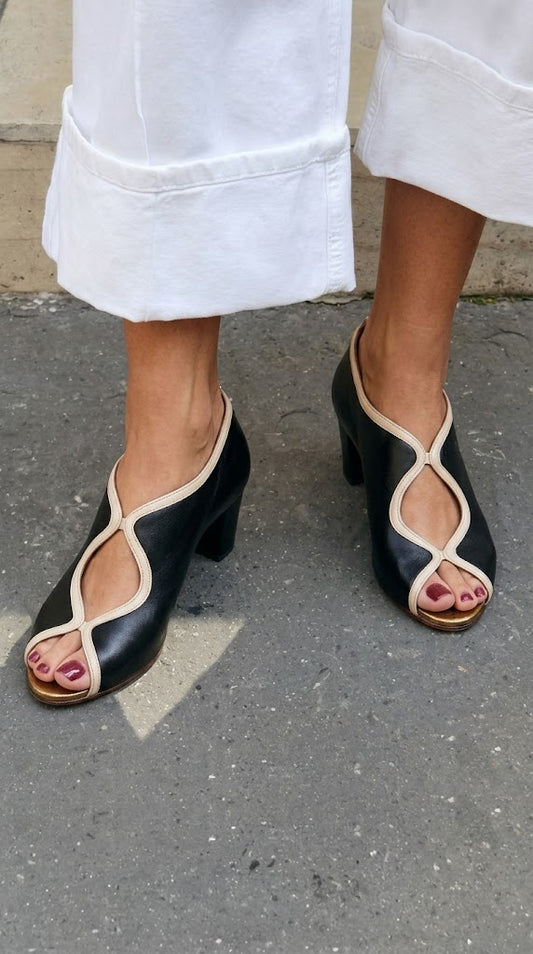 Black Leather Peep Toe Cutout Cream Block Heels [Pre Order]