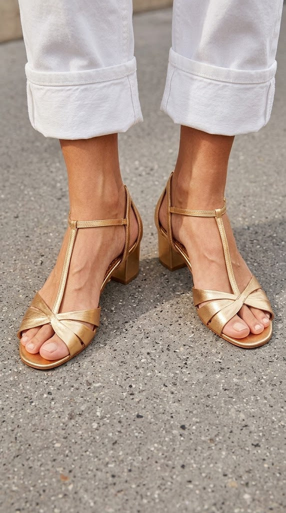Metallic Gold Open Toe T-Strap Knotted Block Heels [Pre Order]