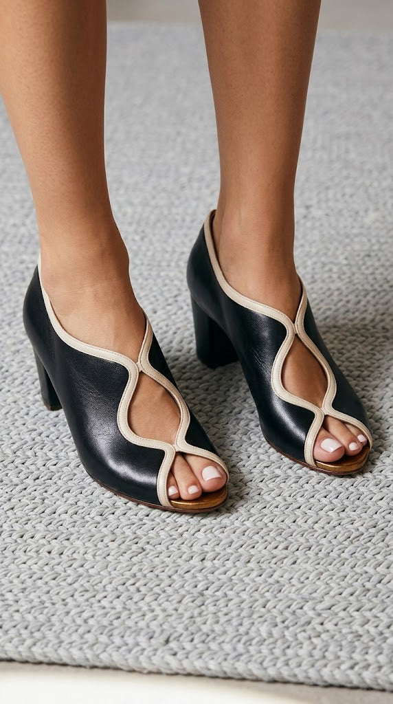 Wavy Trim Peep Toe Cutout Black Block Heels [Pre Order]