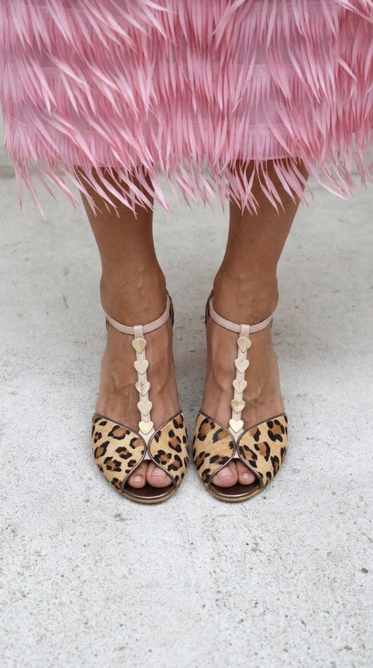 Leopard Print Peep Toe Heart T-Strap Pink Heels [Pre Order]