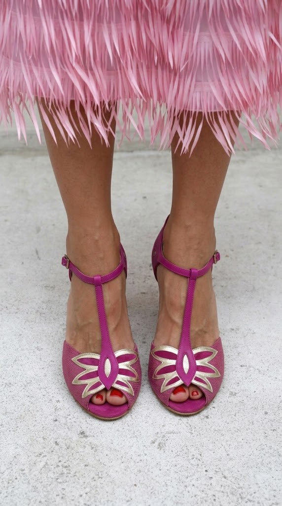 Gold Petal Peep Toe T-Strap Magenta High Heels [Pre Order]