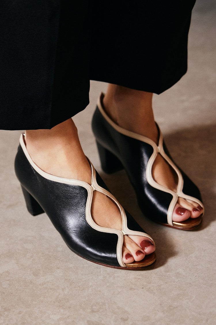 Contrast Trim Peep Toe Cutout Black Block Heels [Pre Order]