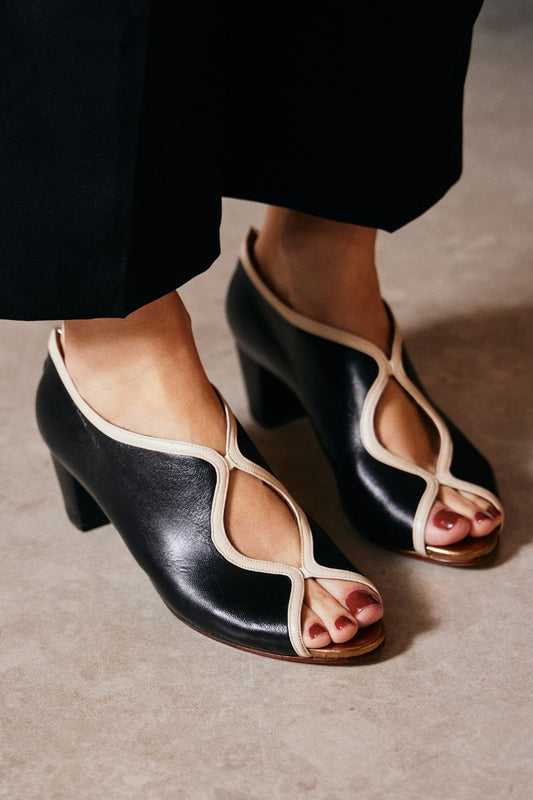 Contrast Trim Peep Toe Cutout Black Block Heels [Pre Order]