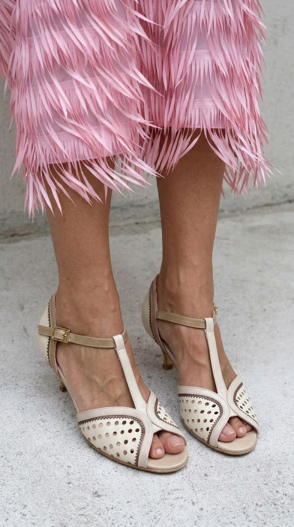 Two Tone Perforated Peep Toe T-Strap Beige Kitten Heels [Pre Order]