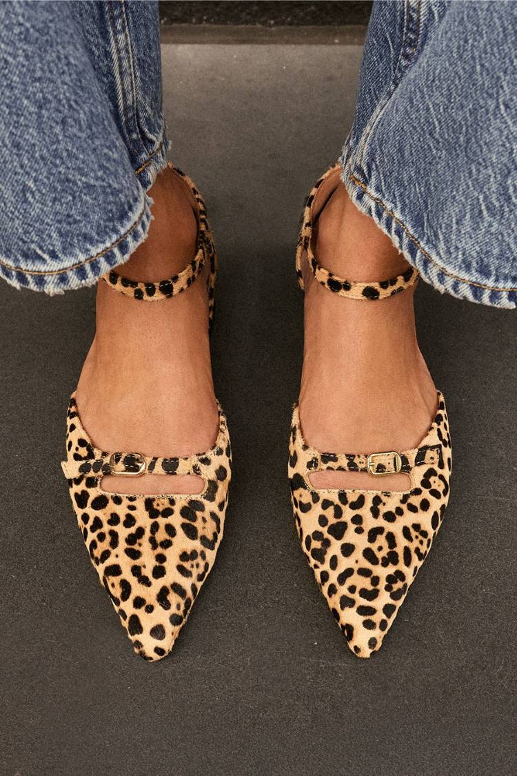 Leopard Print Pointed Toe Buckle Strap Tan Flats [Pre Order]