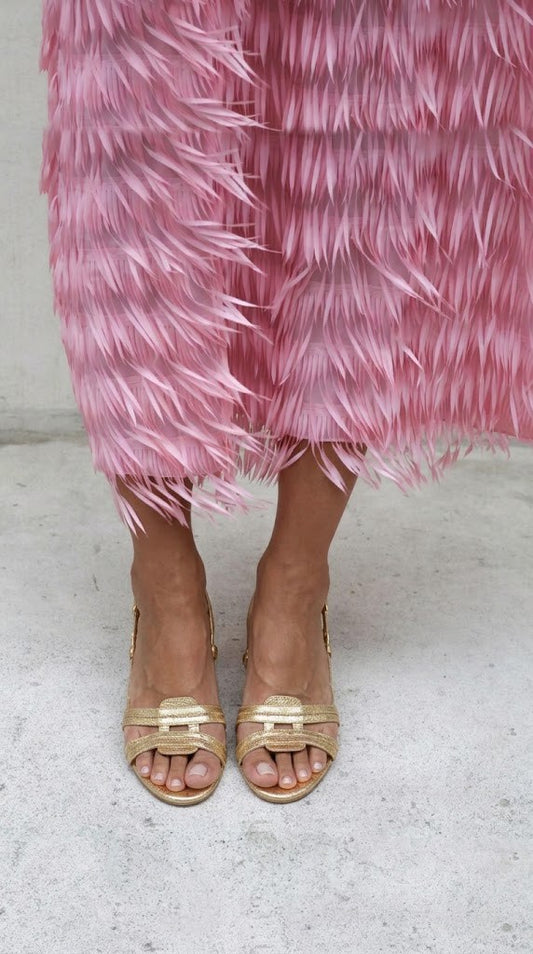 Gold Woven Open Toe Slingback Metallic Block Heels [Pre Order]